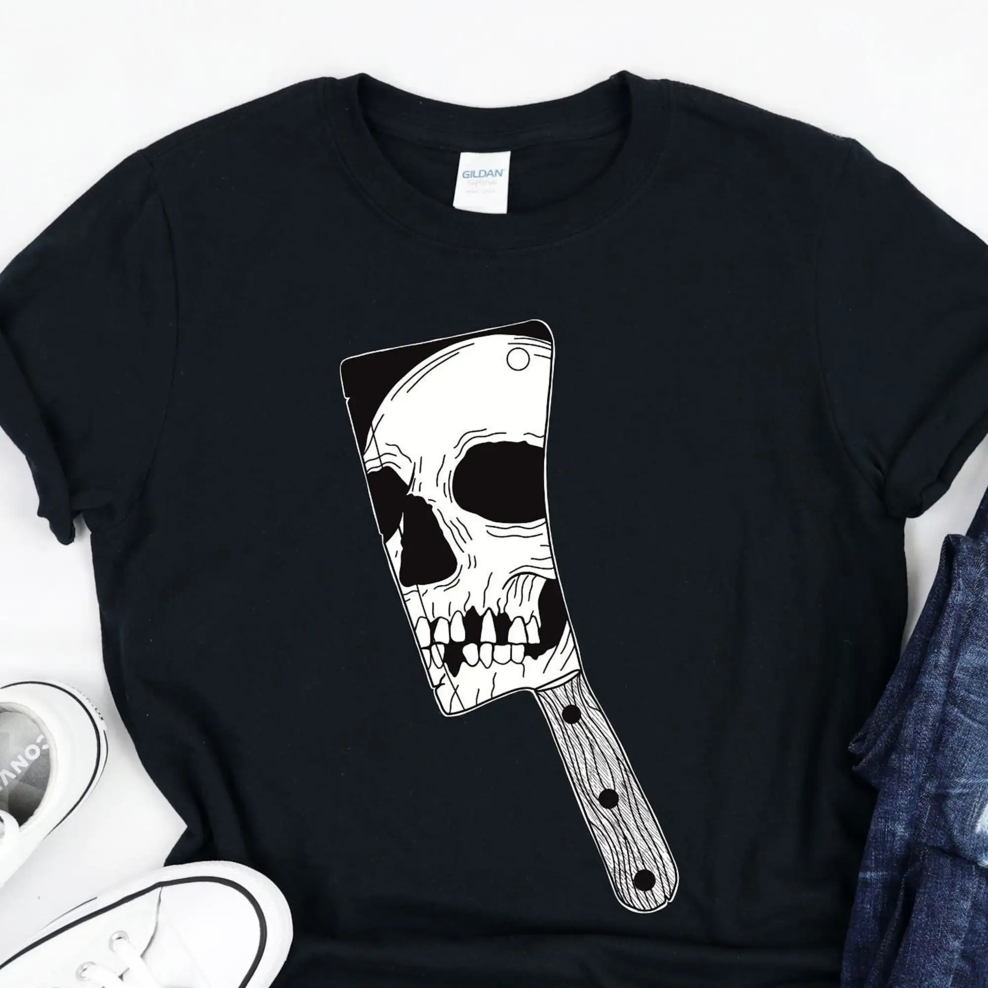 Skeleton Knife Axe Machete Spooky Funny Birthday Heart Skulls Gothic Grunge Beauty Vitality Mystical T Shirt Sweat