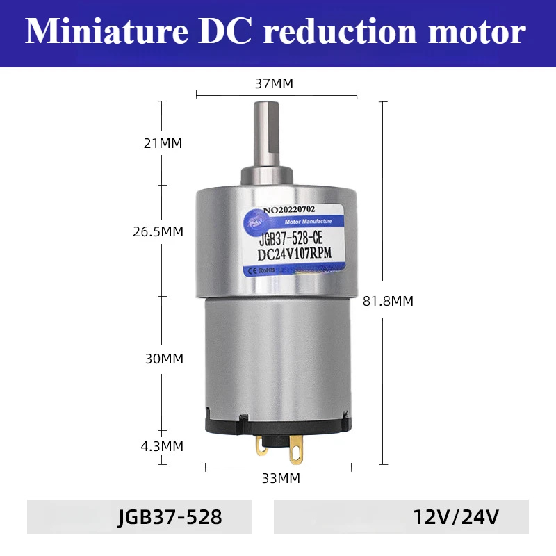

JGB37-528 24V 12V Micro DC Geared Motor 7~960 RPM Low Speed Large Torque 30KG.CM Power 5.3-7.2W Adjustable Speed Small Motor
