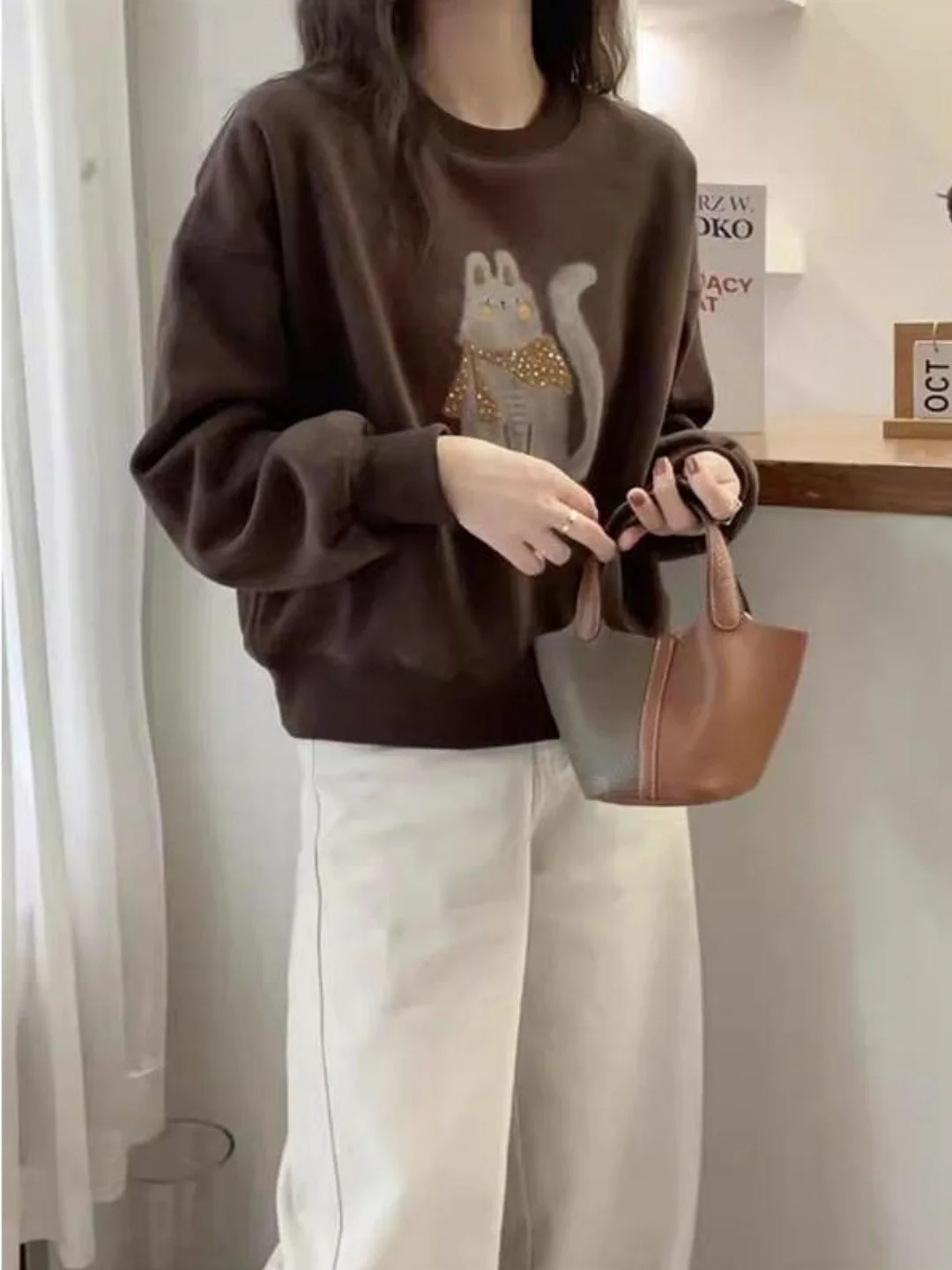 

Faionable Lazy Sle Women's ort Fce-Lined round Ne Sweatirt Long Sve Cartoon Print Loose Fit Autumn Winter Top