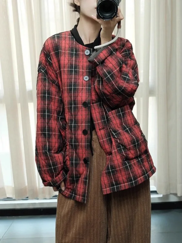 

Warm Cotton Jaet Coat Retro Artistic round Ne Plaid Filling Casual Brand Women's Winter Clothing Outerwear Thiened Long...