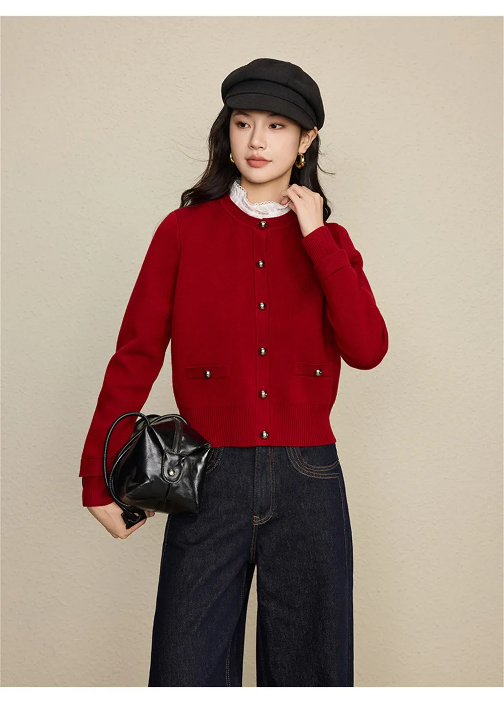 

25. осенняя новая женская одежда, высококачественный кружевной кардиган с круглым вырезом, короткий вязаный жакет с французским темпераментом