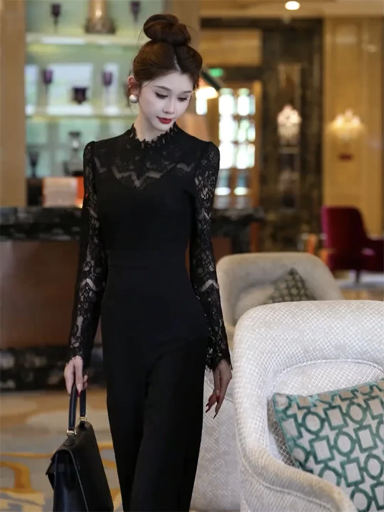 Simple Lace Patchwork Jumpsuit Trendy High Waist Long Pants Women's Faionable Street Sle Early Spring New Arrival