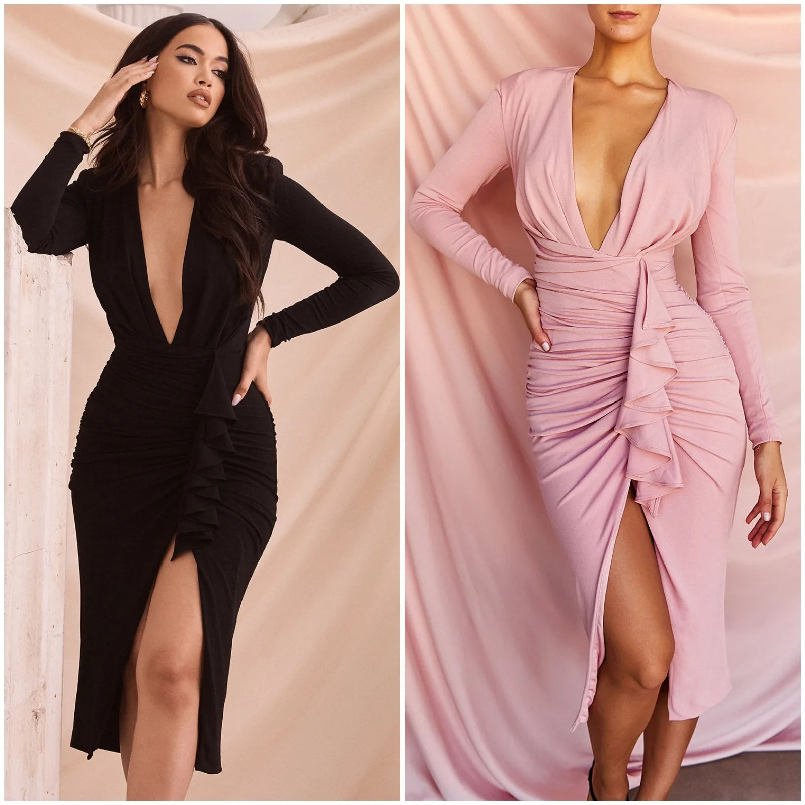 

Women's Sexy V-neck Long Sleeve Irregular Ruffle Drawn Ruffle Solid Color High Waist Knitted Dress, Hip Wrap Skirt Work Wear