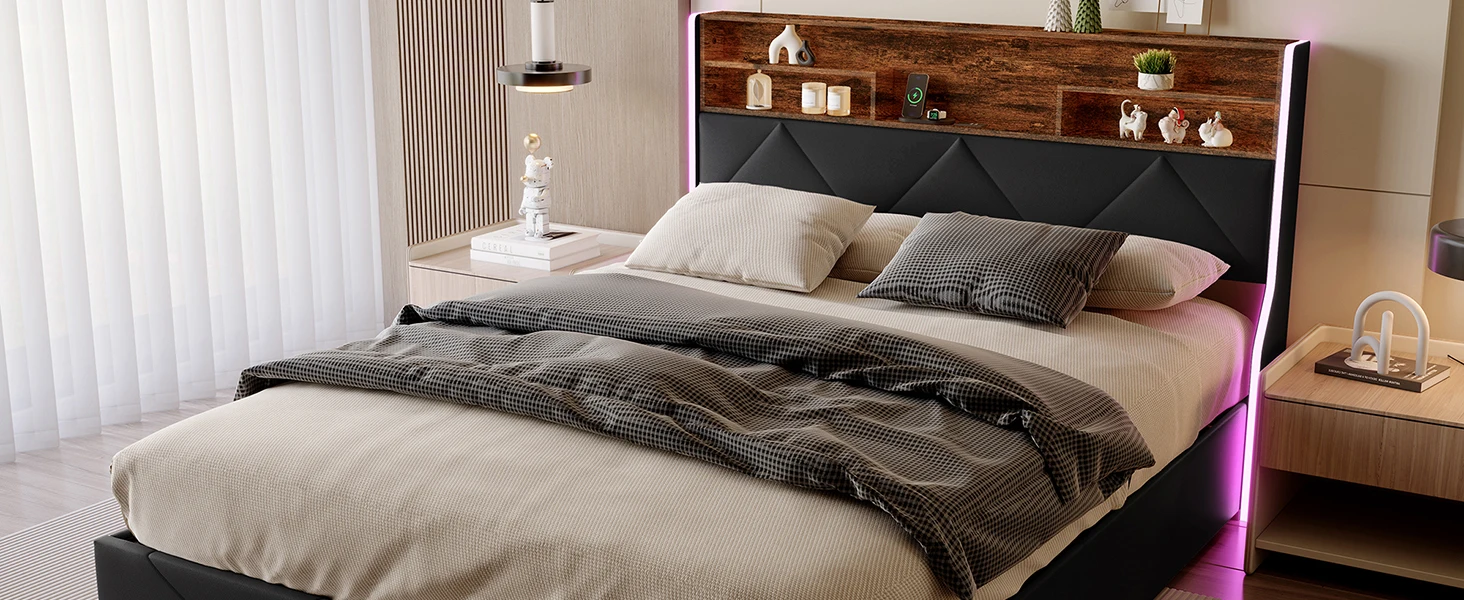 Comanlai Gepolstertes Doppelbett mit LED und USB, Jugendbett mit 4 Schubladen, Funktionaler Bettrahmen mit Stauraum im Kopfteil, Leinen – Detail 3