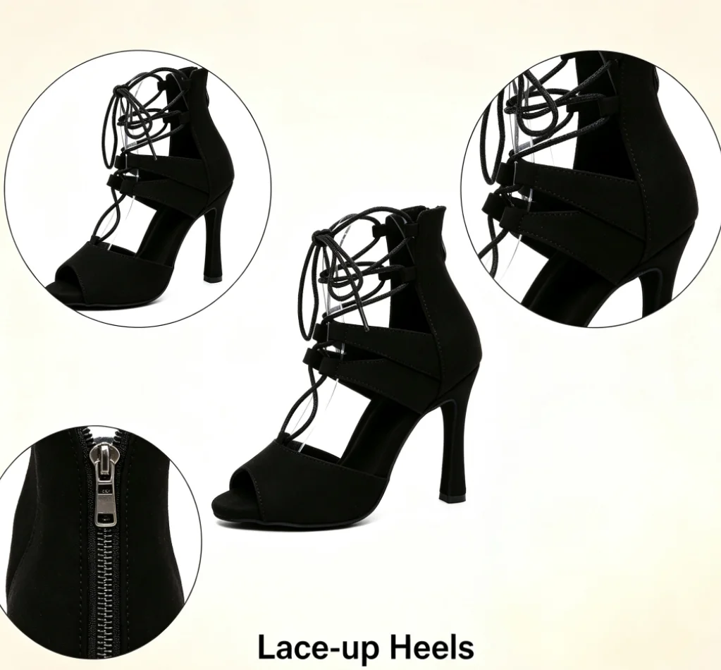 Evk Women's Latin Dance Boots Black Lace‑up Salsa Ballroom Tango Dance Shoes Girls Nubuck Sneaker Party Dancing Footwear Sandals