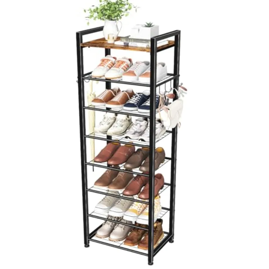 

8 Tiers Shoe Rack 16 Pairs Tall Wooden Plank Shoe Shelf with Hooks for Closet Entryway Organizer Sturdy Free Standing Shoe Stor