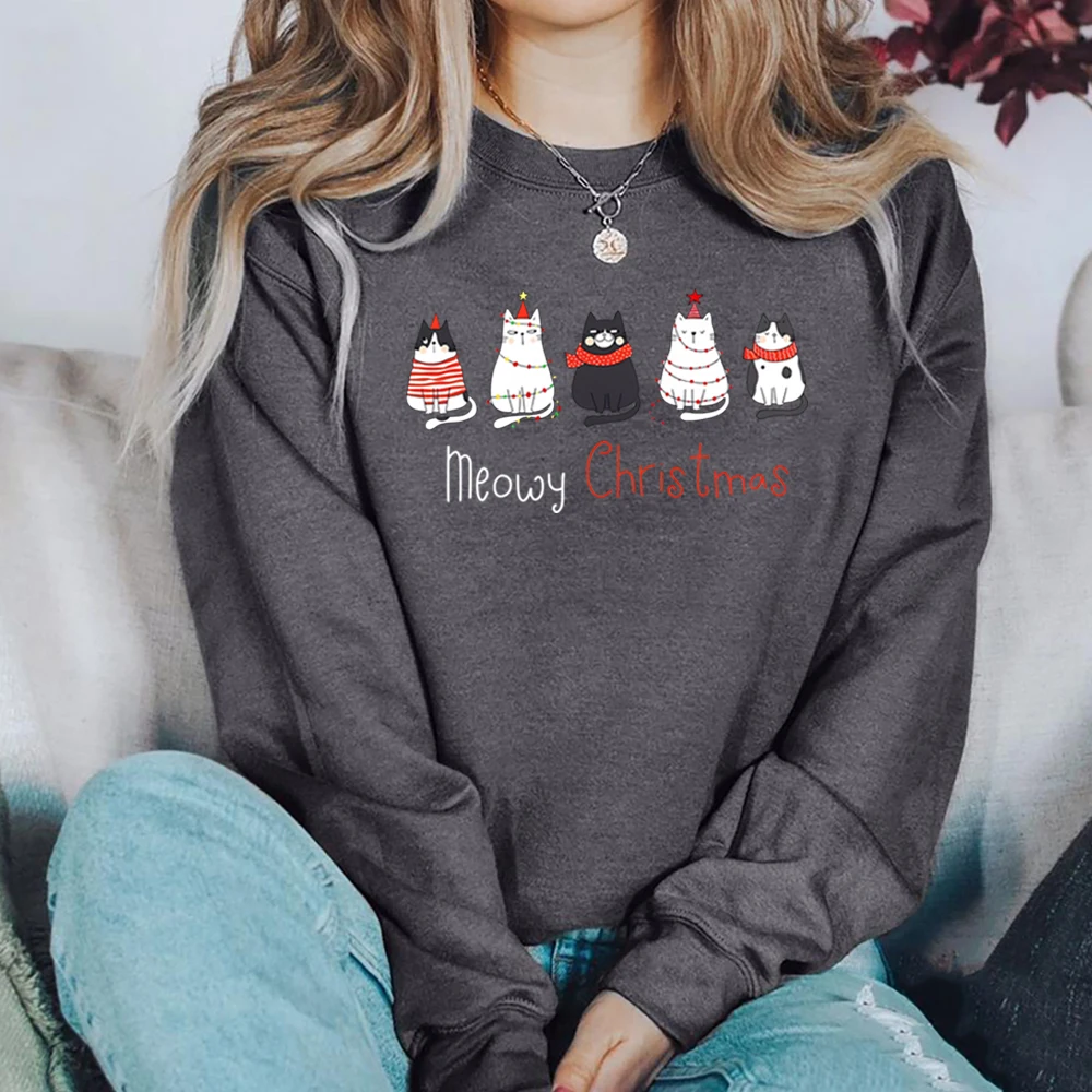 Meowy Christmas Sweatshirt Christmas Cat Merry Christmas Hoodie Cat Lover Sweater Cute Cat Cewneck Sweatshirts Gift for Cat Mom