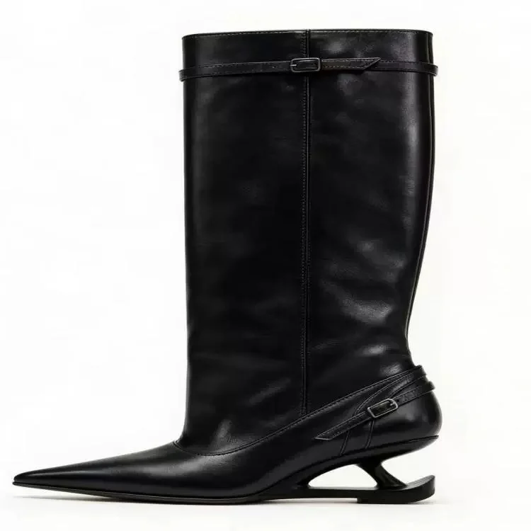 Women Black Knee High Boots Pointed Sharp Toe Unique Hollow Cut Out Heel Adjustable Buckle Strap Ladies Fashion Party Tall Boots