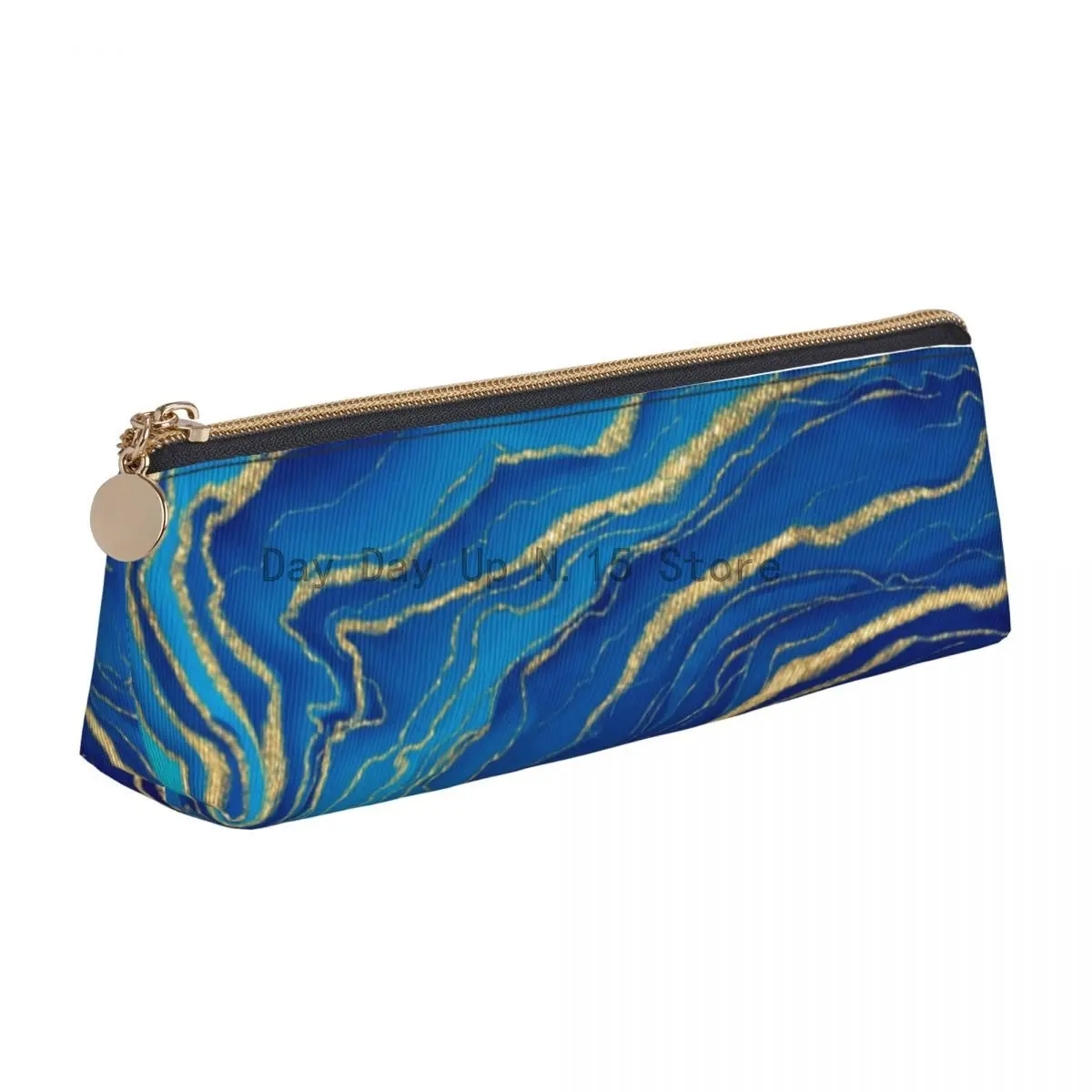 

Blue And Gold Liquid Leather Pencil Case Marble Abstract Art Cool Zipper Pencil Box Stationery Teens Triangle Pen Pouch