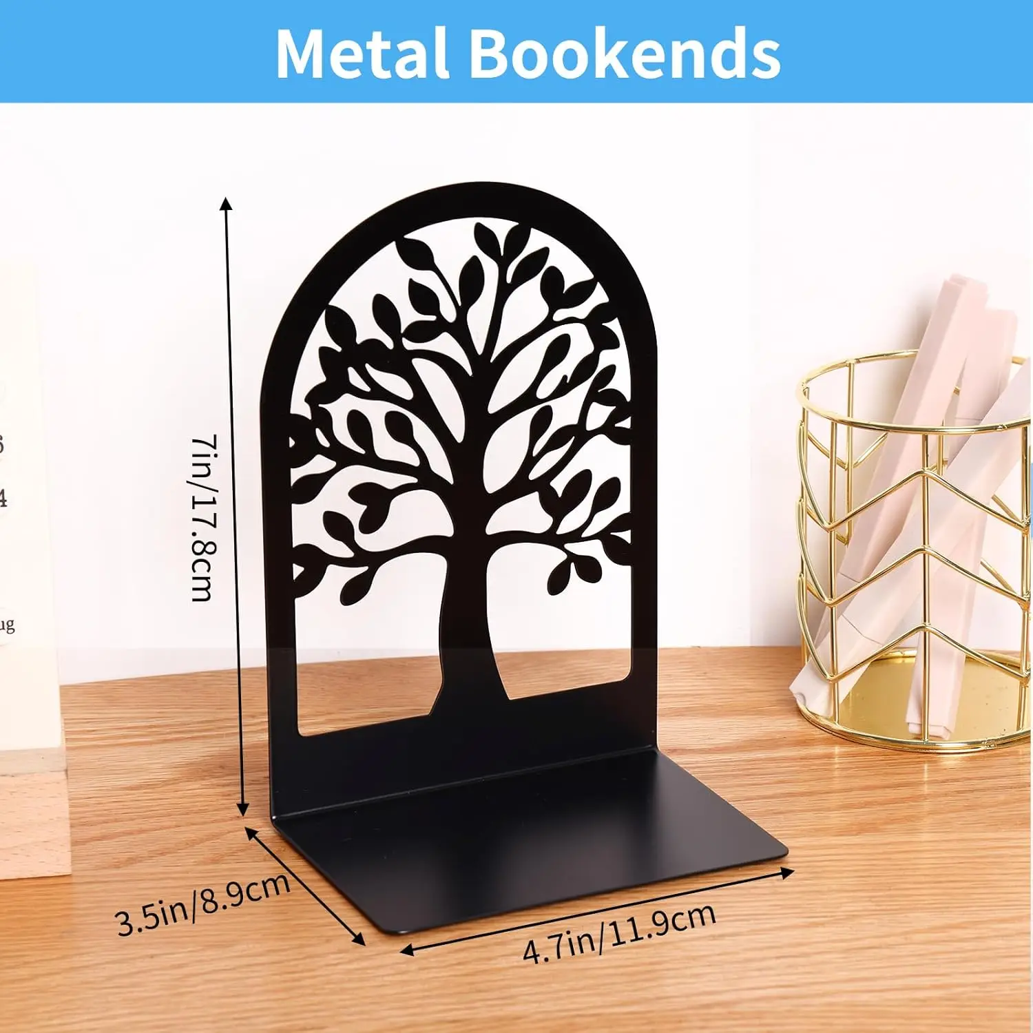 10pcs Bookends for Shelves Decorative, Tree Bookends, Black Metal Book Stoppers for Heavy Books, Heavy Duty Book Ends for Home Office School