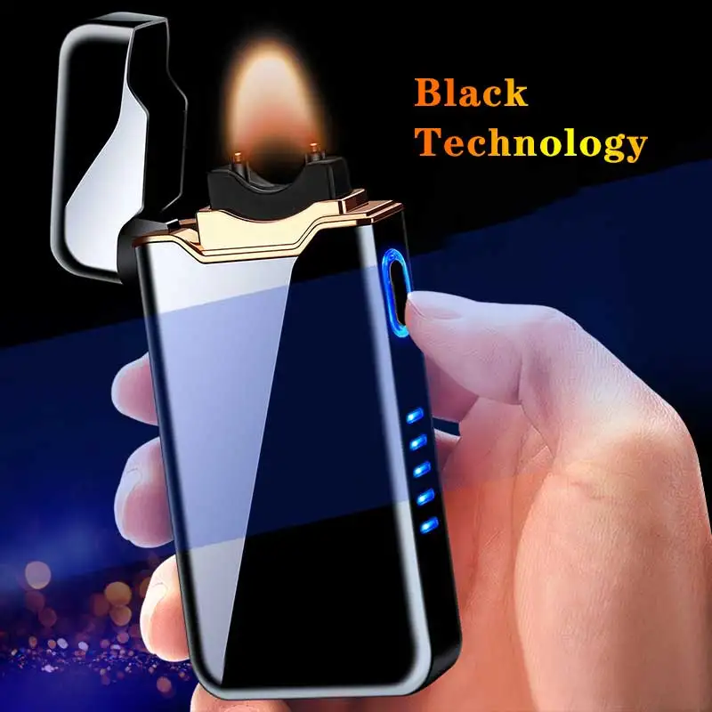 Metal Outdoor Windproof Electric Double Arc USB Lighter Touch Sensing LED Power Display Pulse Big Flame Lighter Men\'s Gift