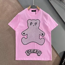 AlexPlein Bear Rhinestones Crystal Men's Clothing Fashion 2022 Summer Shortsleeve Round Neck Streetwear Chic Hiphop 100% Cotton