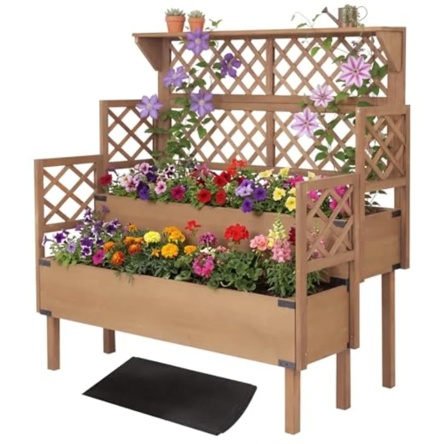 Raised Garden Bed with Trellis, 2-Tier Elevated Planter Box, Wooden Outdoor Planter for Vegetables Herbs Flowers, Lattice Back