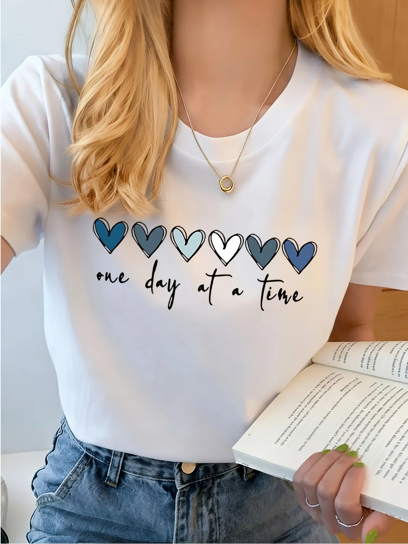 Women One Day At A Time Heart Graphic T Shirt Round Neck Short Sleeve Blue Tone Hand Drawn Love Print Casual Positive Daily Tops