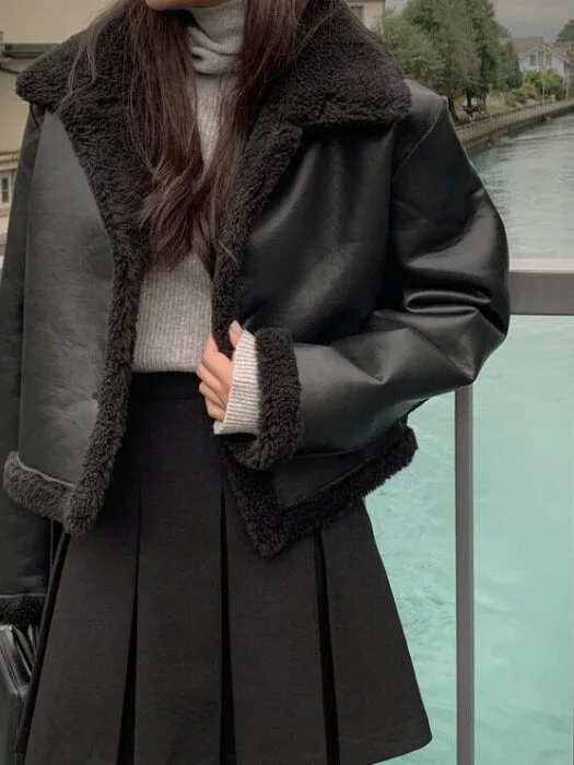 Ladies Thickened Short Sheepskin Coat Warm Collar Two-Sided Wear Winter New Style Polyester Fiber Korean Style Pure Color