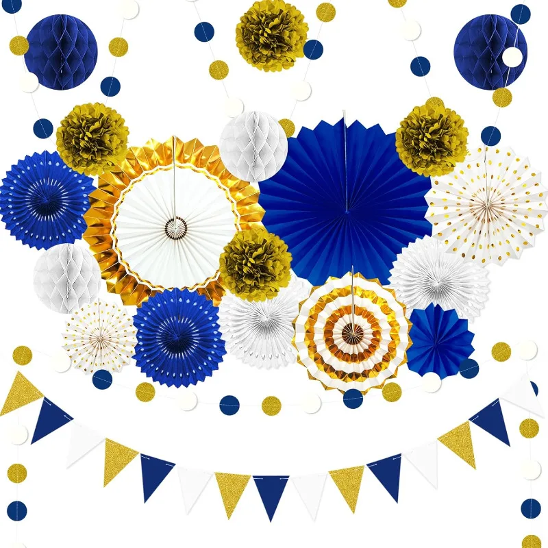 

23Pcs Navy Blue Gold Paper Fan Pom Poms Flowers Garland String Polka Dot Triangle Flag Decorations for Graduation Birthday Party