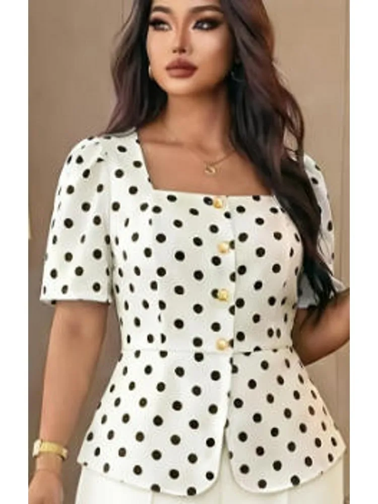Camisa Blusa Elegante Estampada de Moda Otoño-Verano Tallas Grandes XL-4XL, Ropa de Mujer de Talla Grande 3XL 4XL, Blusas de Manga Corta con Estampado de Lunares