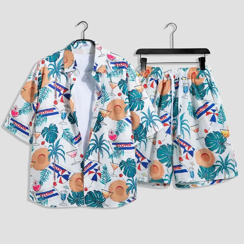 Mens Fashion Print Sets Short Sleeve Shirt+Shorts 2Pcs Suit Loose 2024 Summer Casual Beachwear Male Vacation Hawaiian Outfits