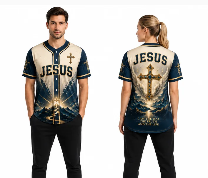 

New 2026 Men's Christian Baseball Jersey With "JESUS" And Ornate Cross Print Casual Baggy Streetwear Popular Baseball Shirt Top
