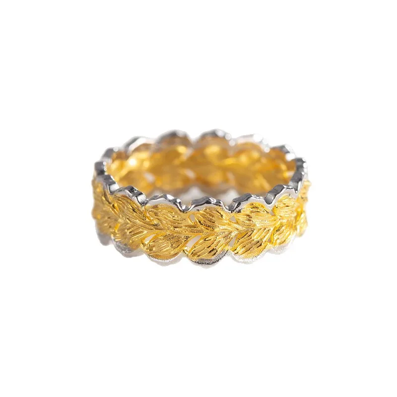 

Vintage Fashion 925 Silver Women Rings Two-tones Wave-patterned Leaf Motif Gold Bands Dropshipping Timeless Women Hand Jewelry