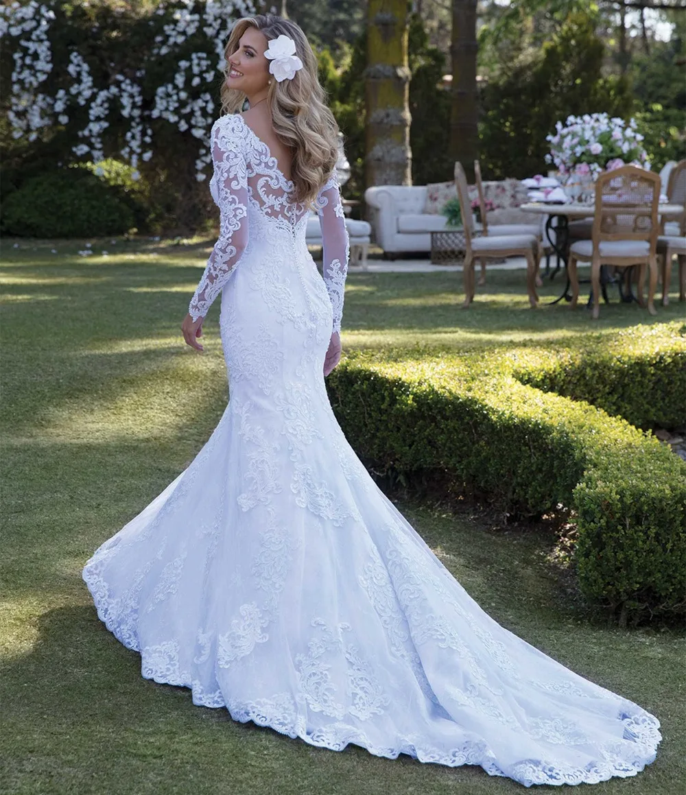 Abito da sposa a sirena senza schienale a maniche lunghe Personalizzato scollo a V Abiti da sposa Appliques Vestido De Noiva Abito da sposa in pizzo