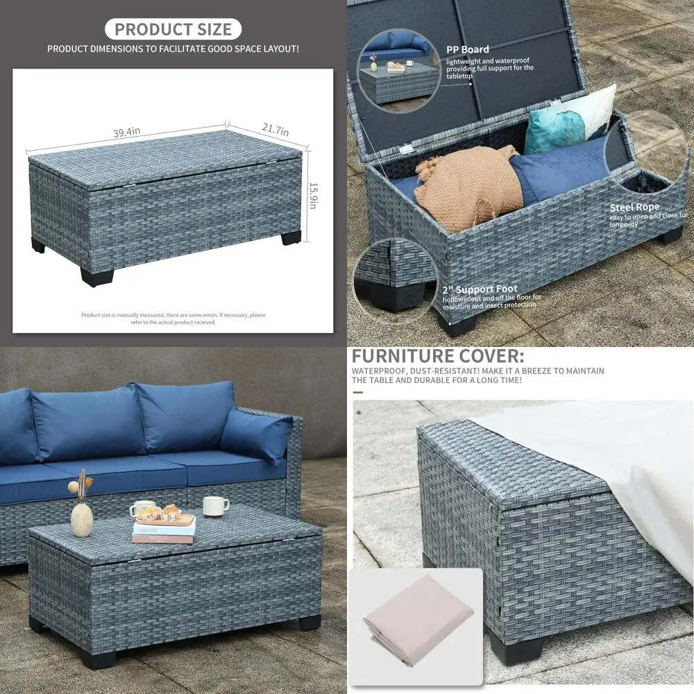 

Outdoor Storage Table Wicker Patio Coee Table All-Weather Rattan Side Table with Waterproo Cover, Grey