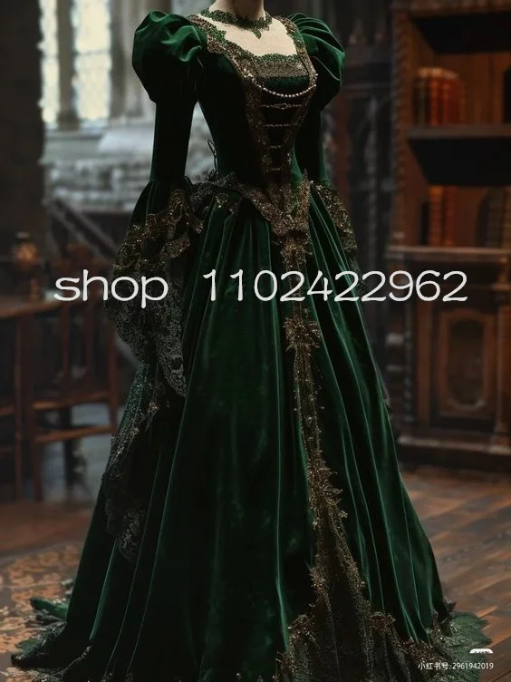 Hunter Green Velvet Victorian Evening Dresses Fairy Long Sleeve Applique Lace-up Corset Tudor Medieval prom gown customsized