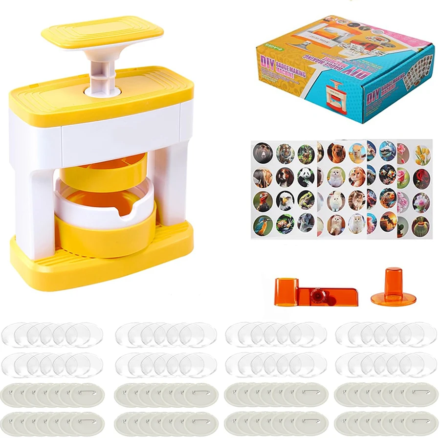 Máquina para hacer insignias para niños, máquina para hacer insignias con botones DIY, máquina de prensado portátil, kit de punzonado de insignias con 48 insignias de patrones