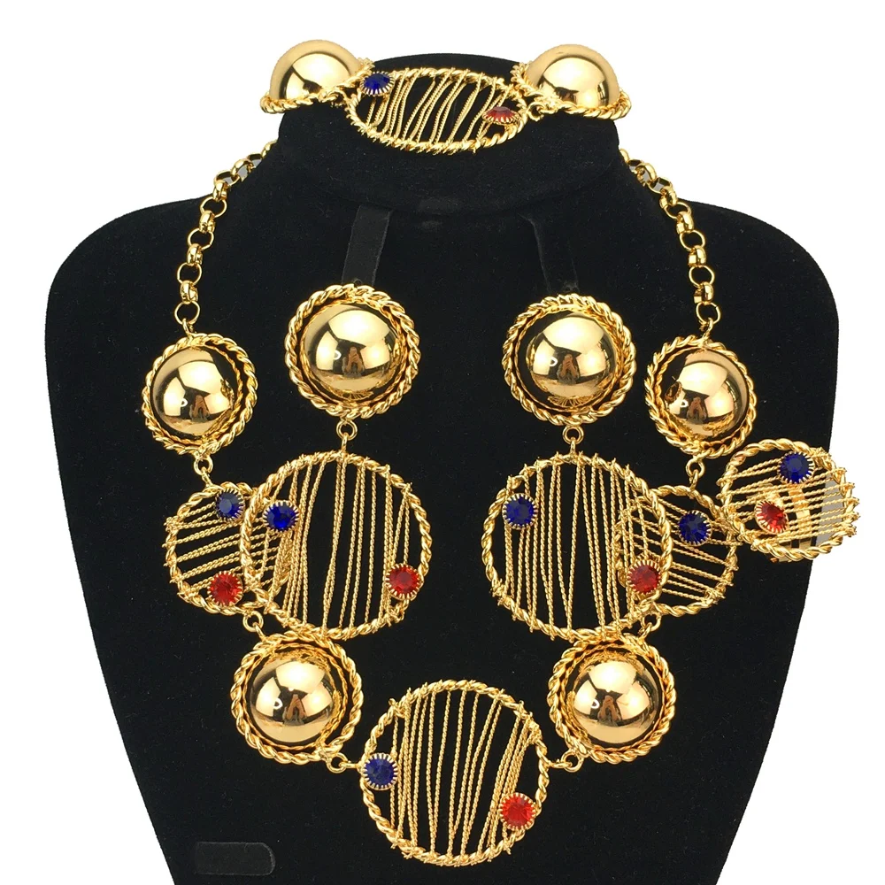 

Nigerian Wedding Indian Bridal 4PCS Jewelry Set African Gold Plated Jewelry Sets Dubai Necklace Earrings For Women FHK16850