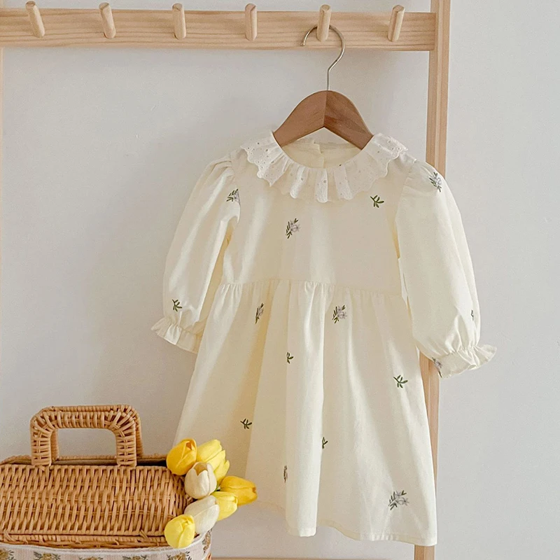 Girls Puff Sleeved Birthday Party Dress Autumn Kids Dress Vestidos Cotton Children Elegant Embroidered Flowers Dresses Clothes