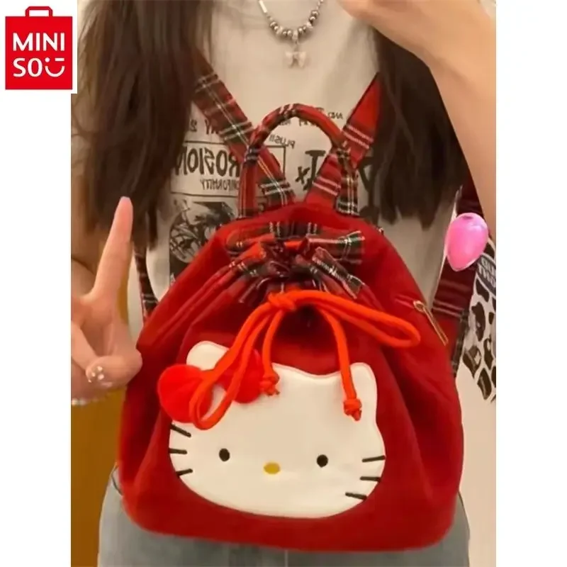 

MINISO cartoon Hello Kitty retro red plaid plush backpack student college style women's fashionable backpack