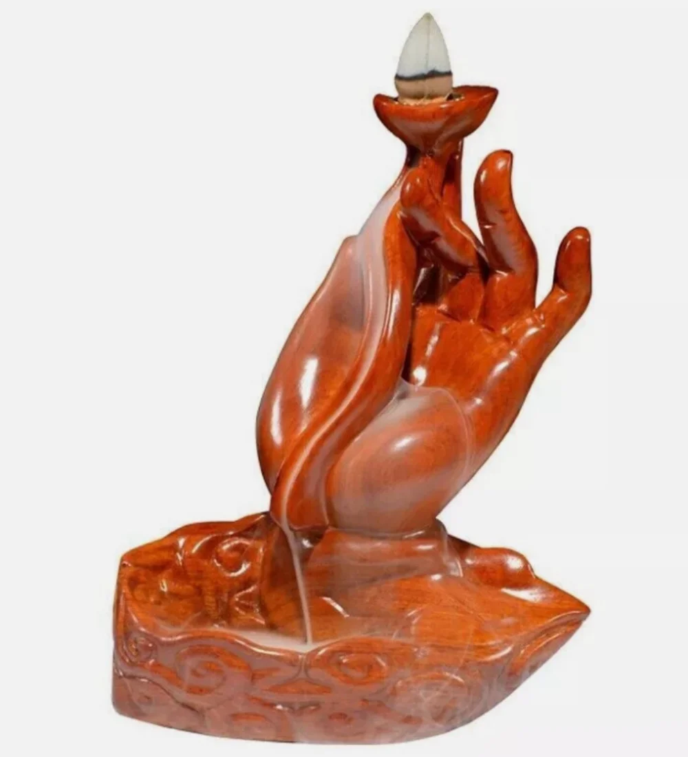 

Rosewood Carved Backflow Incense Burner Statue Buddha Hand Buddhism Zen Decor