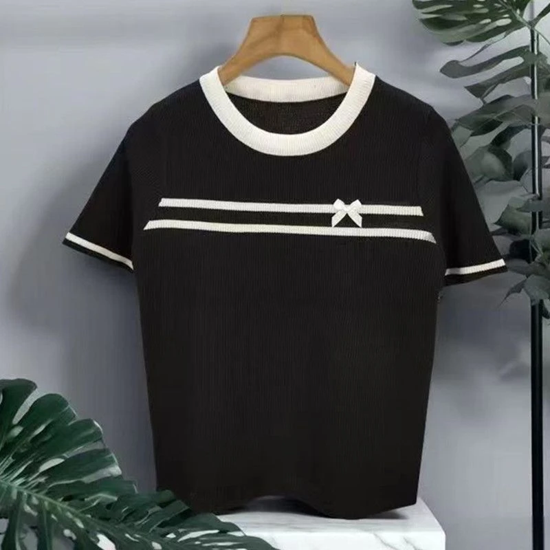 Verão feminino malha camiseta suéteres bowtie manga curta o-pescoço camisetas topos moda workwear elegante senhoras malhas jumpers 2025
