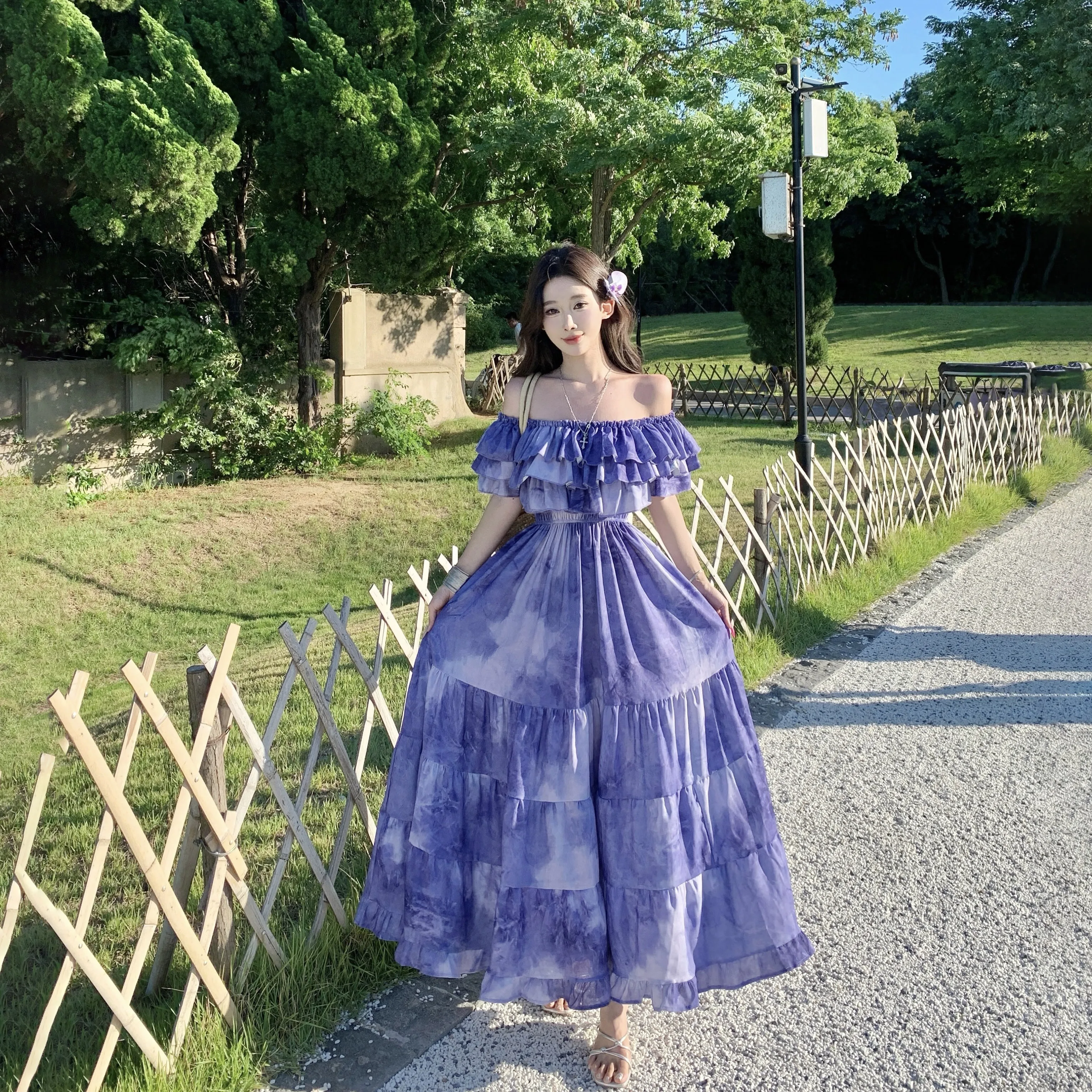 Feminino roxo tie-dye francês em camadas vestido babados reúne elegante robe para eventos slash-neck sem costas chique verão na moda outfit