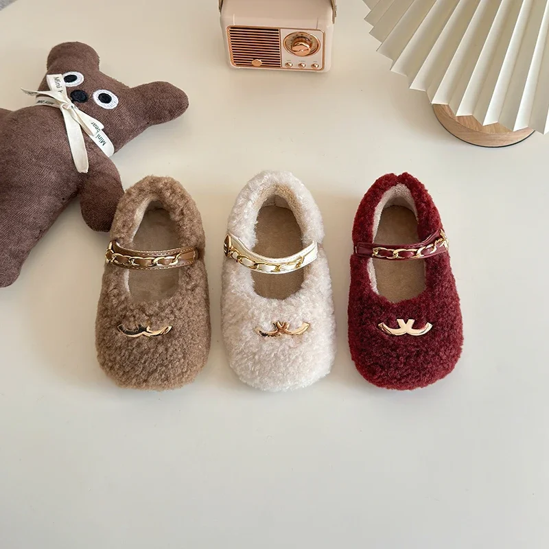 Super Cozy Furry mary jane shoes for Kids Girls New Brand Designer Metal Buckle Children Cotton-Padded Winter Shoes Kids