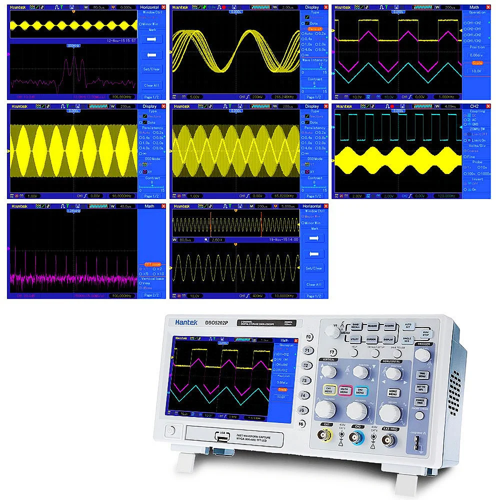 Osciloscópio portátil 70mhz do armazenamento de digitas de dso5072p 2 canais usb osciloscópio dso5102p dso5202p 100mhz 200mhz 1gsa/s 40k