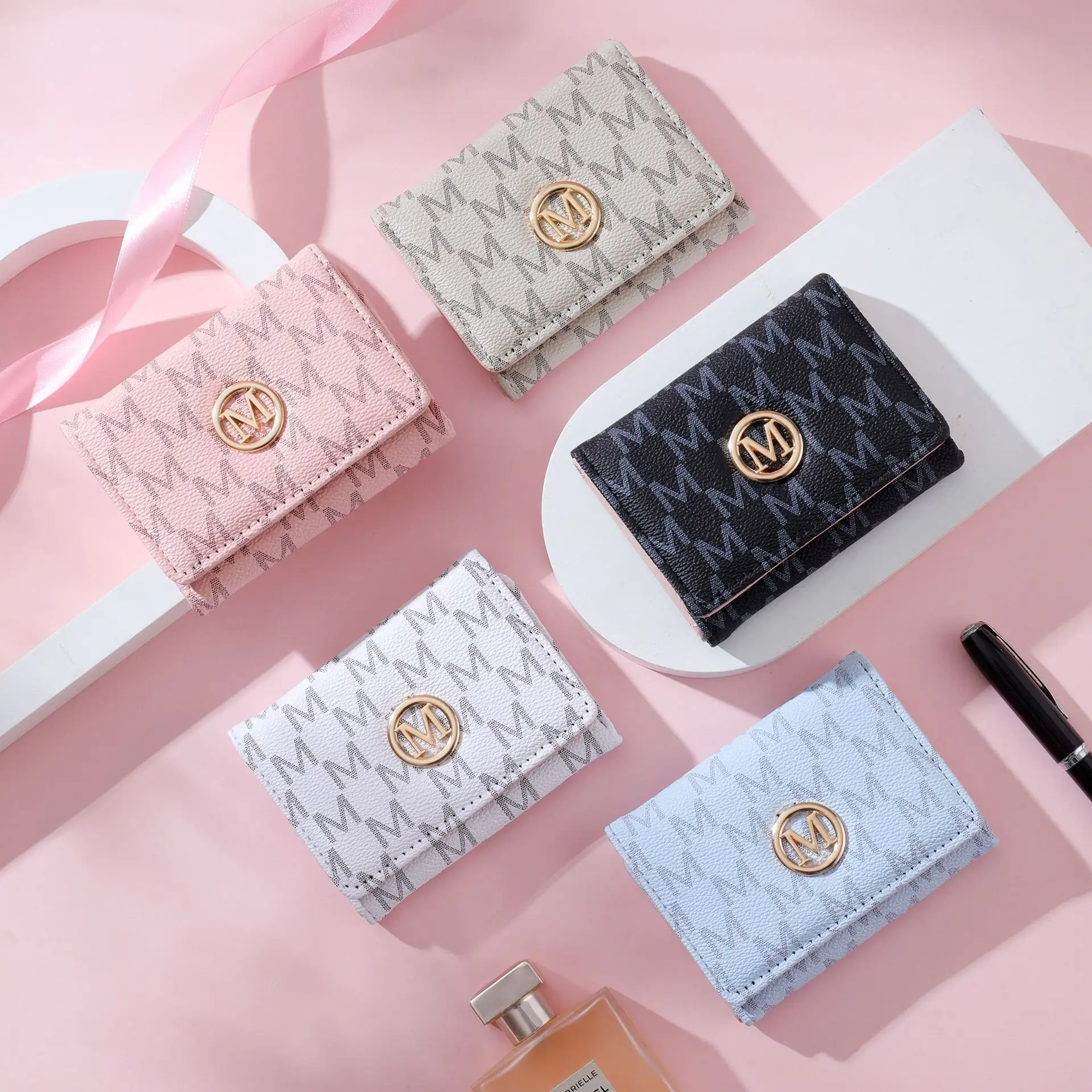 New Women PU Print Short Wallet, High End Three Fold Coin Purse, Multi Card Slots Multifunctional Female Small Purse