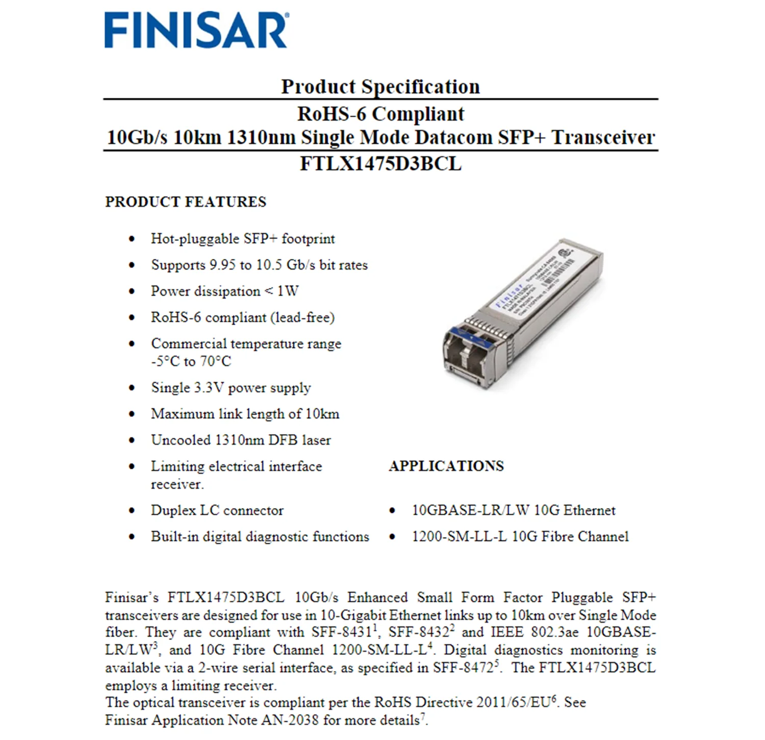 NEW Finisar 10G SFP Transceiver FTLX1475D3BCL Ic-Ic 10G-1310nm-10km Single Module Optical Fiber Transceiver Finisar 10g 10km Sfp