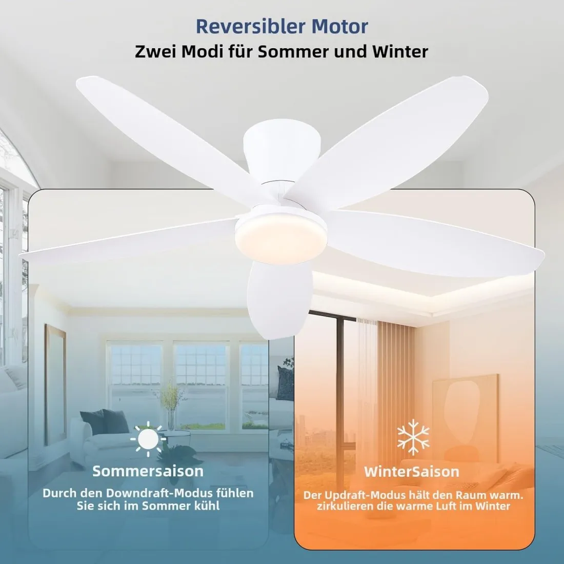 Ventilatore da soffitto a basso profilo con luce e telecomando, dimmerabile e silenzioso, adatto per camere da letto e cucine.