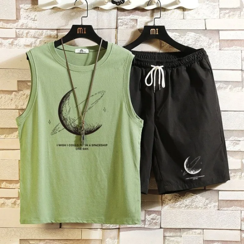 

Summer New Design Men's Moon Print Vest T-Shirt Set Streetwear Essentials with Loose Fit 5 Inch Shorts Plus Size Available