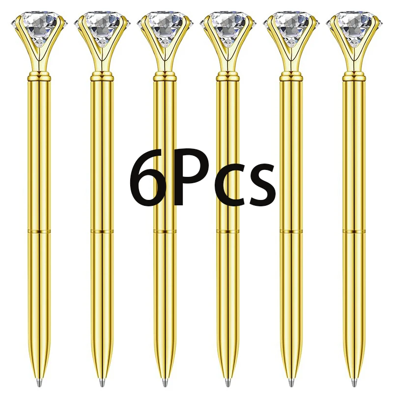 Big Crystal Diamond Caneta Esferográfica, Metal Gem Canetas, Material de Escritório, Presente, 6Pcs