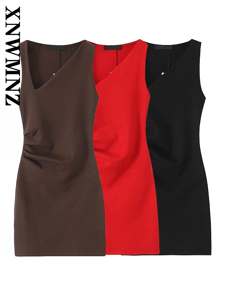 

XNWMNZ 2025 Summer Woman Trendy Sleeveless Dresses Top Hipster Woman's V-Collar Mini Skirt Ruffles Regular Fit Side Zipper Dress