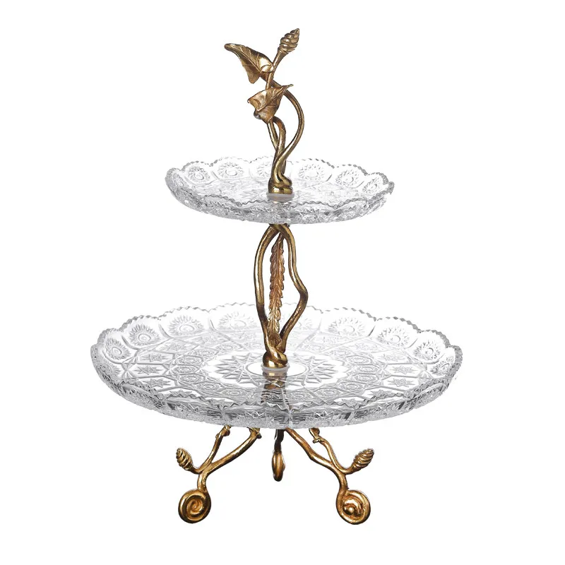 glass brass double-layer fruit plate light luxury afternoon tea dessert plate display stand cake fruit snack plate