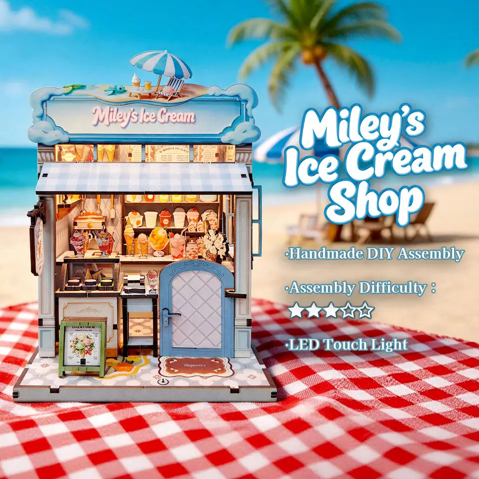 DIY 3D Wooden Seaside Ice Cream Store Cottage Miniature Model Kits Mini Casa Jigsaw Puzzles for Friends Birthday Gifts