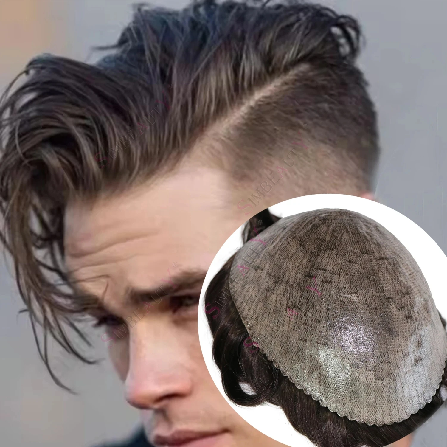 

Мужской парик из 100% натуральных волос, прочный, 0,1 мм, с имитацией кожи, система замещения волос, естественная линия роста волос