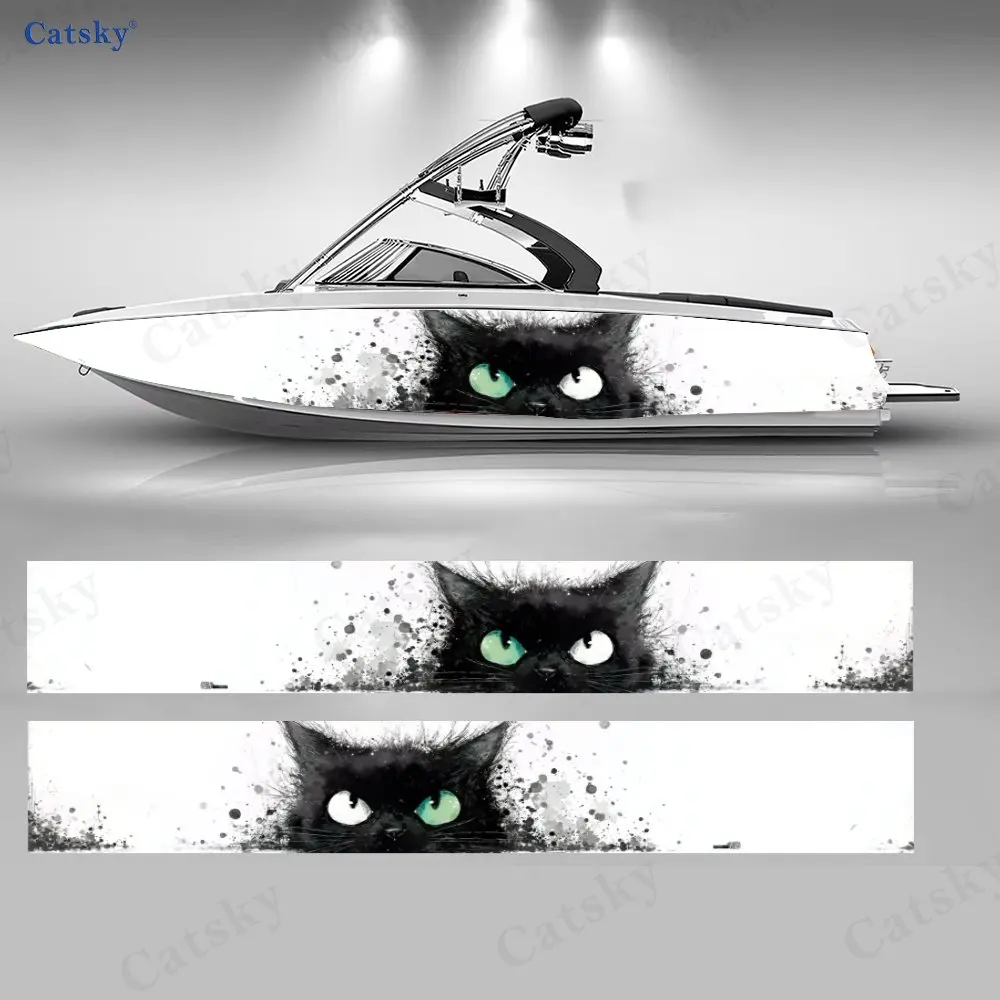 

2Pcs Playful Black Cat Boat Wrap, PVC Waterproof Durable Vinyl Wrap Decals for Fishing Boats, Durable and Stylish Design
