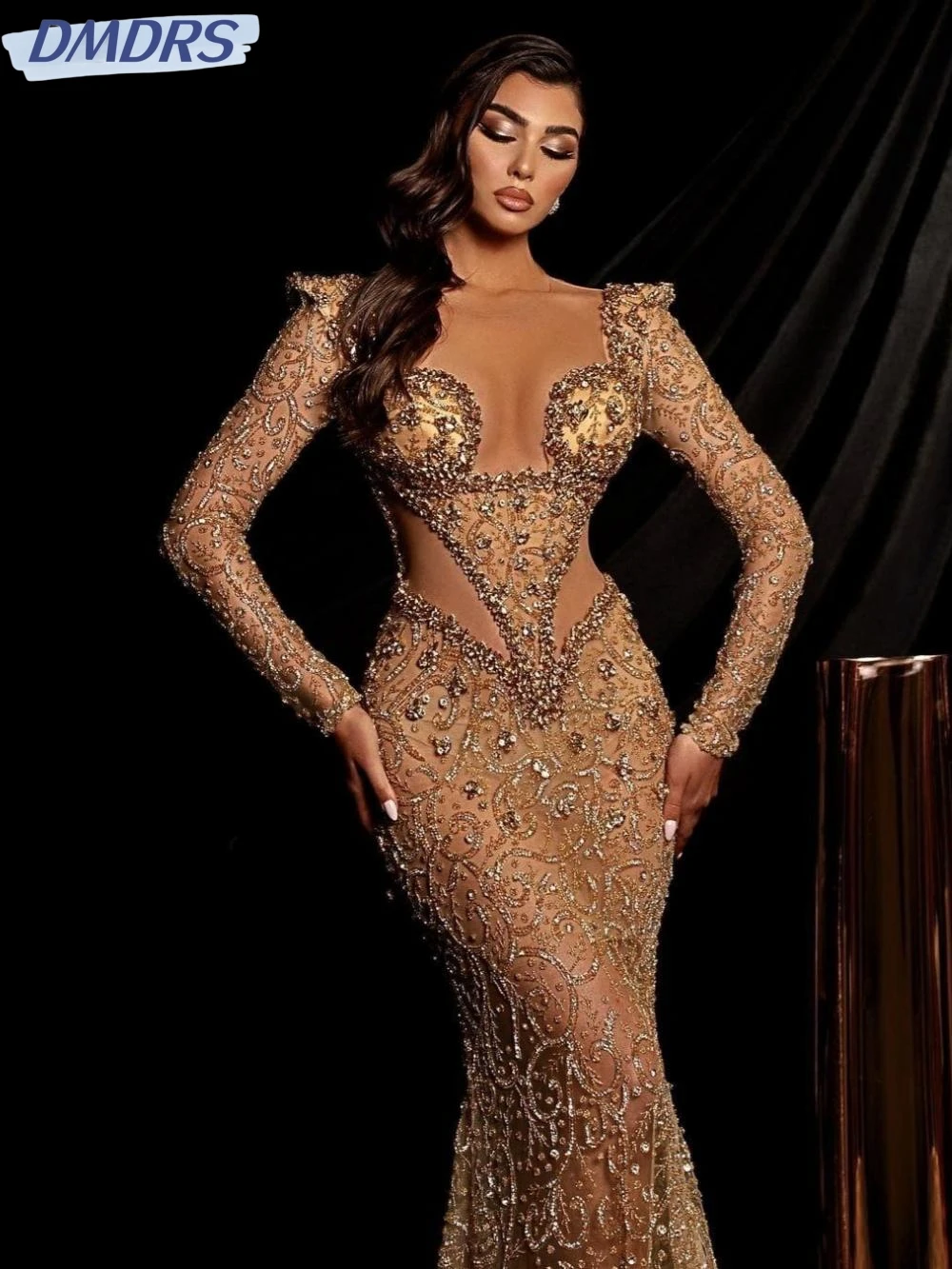 Luxury Beaded Rhinestones Mermaid Evening Dress Sexy Illusion Wedding Party Gowns For Women Customized Long Sleeve Cocktail Gown