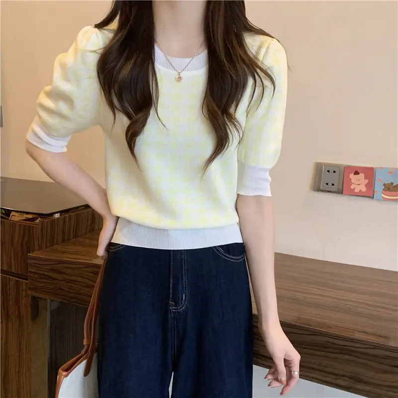 Summer New Round Neck Striped Houndstooth Knitting Tee Women Casual Fashion All-match Waist Pullover Top Female Vintage T-shirt