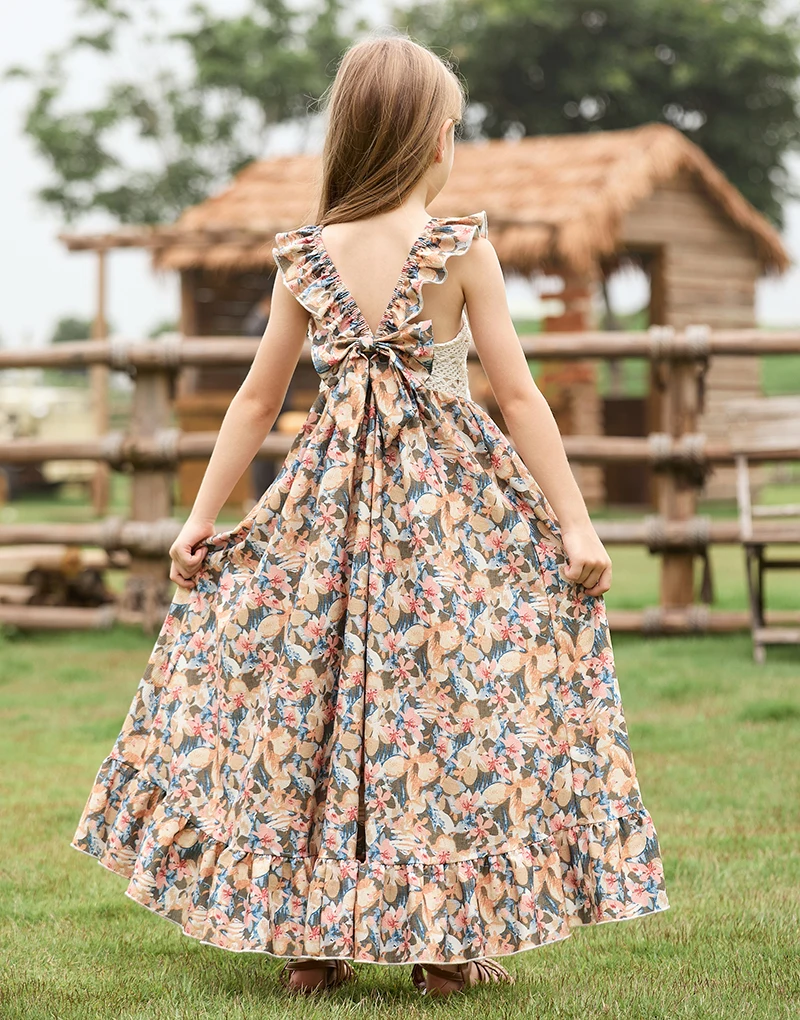 BIBIHOU Kleid im böhmischen Stil für Mädchen, elegantes Vintage-Schmetterlingskostüm, langes Kleid, Mädchenkleidung von 4 bis 12 Jahren