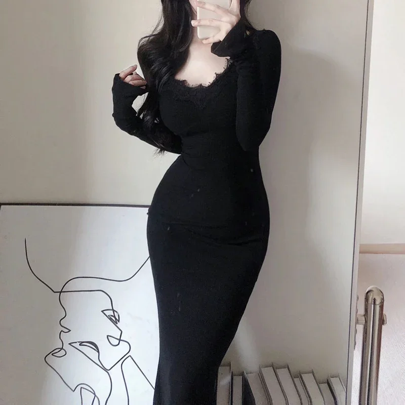 2025 New Spring Women Sexy Bodycon Wrap Long Dress Female Chic Lace V-neck Dress Lady Designer Party Slim Fit Knitted Dress